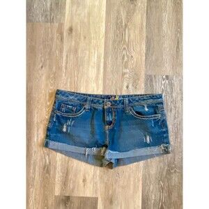 Y2K Mudd Low Rise Med Wash Mini Jean Shorts 13 Distressed Cuff 2000s Cut Off Den